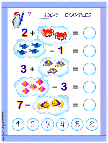 Educational page for little children on addition and subtraction. Solve examples, count the quantity of fiches and write the numbers. Printable worksheet for kids math school textbook. Play online.