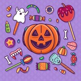 close up hand drawn halloween candy stickers collection