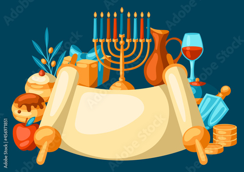 Happy Hanukkah background with religious symbols. Illustration with holiday objects.