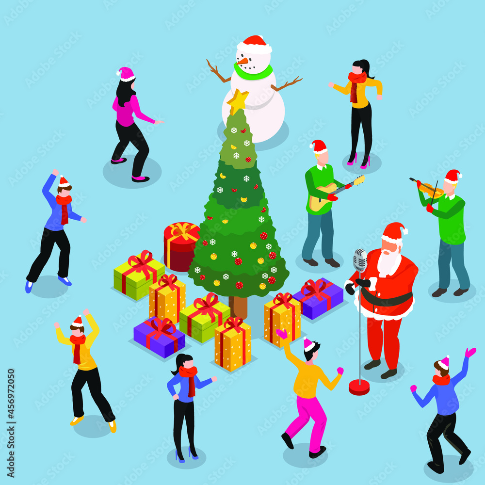 People having fun dancing and singing celebrating christmas 3d isometric vector illustration concept for banner, website, landing page, ads, flyer