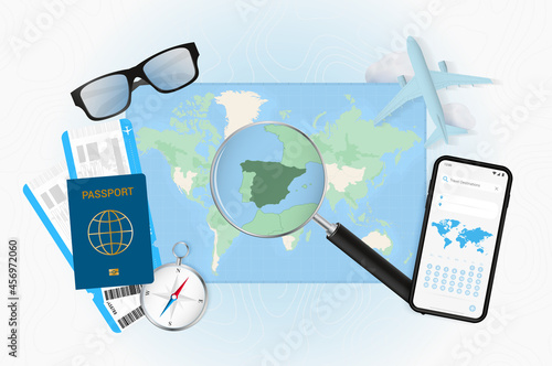 Conceptual illustration of a trip to Spain with travel gear.