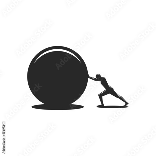 Purposeful man pushes a round stone to achieve his goal, black and white illustration of the ancient Greek myth of Sisyphus.