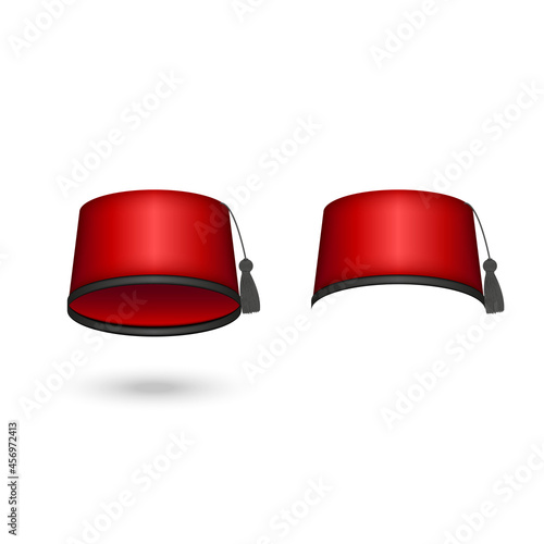 Fez hat red color realistic vector clipart isolated on white background, fes is a felt headdress in the shape of a short cylindrical peakless hat. photo