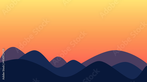 Sunset on hilly landscape rounded hills background, vector nature illustration in minimal style, simple wavy pattern.