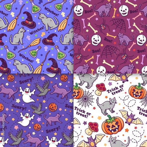 hand drawn halloween pattern collection purple violet colored shades vector design illustration