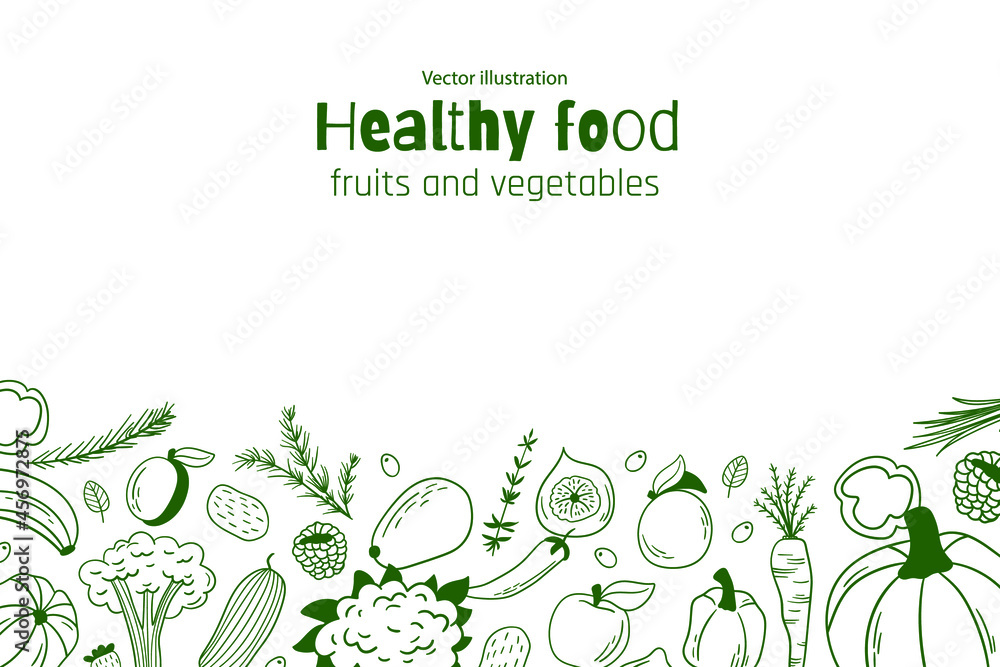 Background with organic food. Vector illustration. Organic food poster. Line graphics