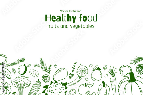 Background with organic food. Vector illustration. Organic food poster. Line graphics