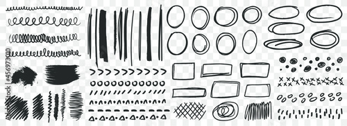 Set of hand drawn pen scribbles. Random pen sketch scribbles. Brushes set 
