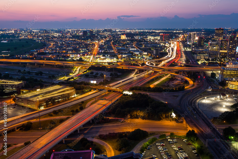 Beautiful view highway intersections and illuminated buildings