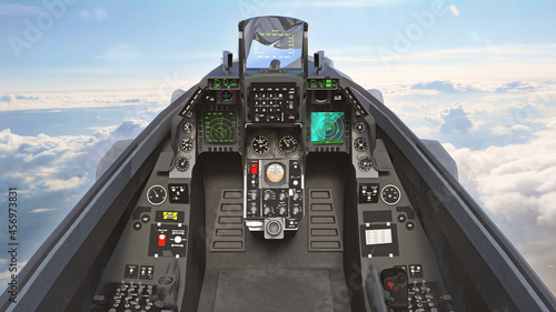 Cockpit of fighter jet plane in flight, military aircraft, army airplane flying in sky with clouds, 3D rendering