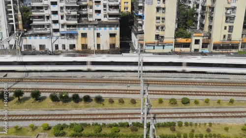 Nanning South, Guilin Station. View of passing trains from the Guilin railway station, high-speed train movement. Chinese Railways. photo