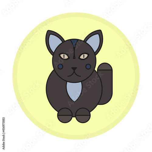 A cat symbol in a simple geometry  a black cat on a yellow circle background. Mascot  cat figurine