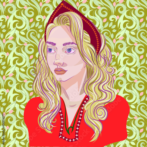 a gorgeous girl in a Russian folk headdress called "kokoshnik". design of modern Russian woman with folk jewelry. Slavic motives. fantasy on the topic "How modern women with elements of Russian folk c