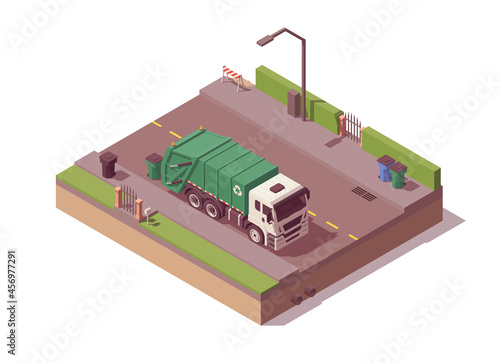 Isometric garbage truck picking trash on the street. Vector illustration
