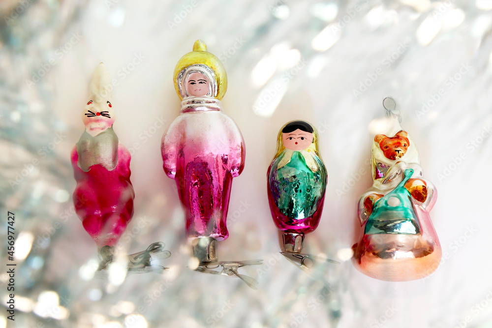 A collection of vintage glass Soviet Christmas toys of the late 60s.