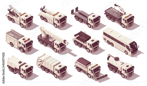 Isometric municipal utility trucks set. Vector illustration photo