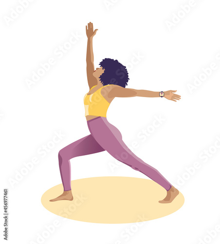 Girl doing yoga. Healthy lifestyle, recreation, relaxation. Balanced life, physical training, fitness, pilates, wellness. Trendy boho illustration. Beautiful black woman. Vector
