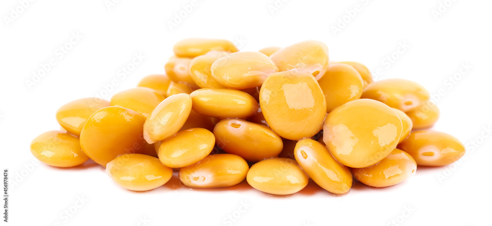 Pickled yellow lupine beans isolated on white background. Tournus, preserved lupinus. Pickled yellow lupine beans isolated on white background. Tournus, preserved lupinus.