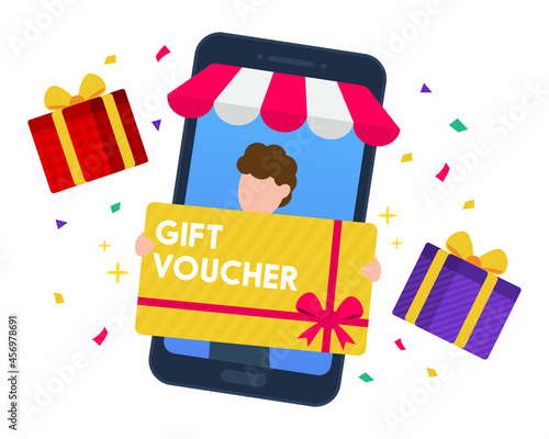Man holds gift voucher card inside mobile with shop awning with present boxes and confetti. Creative concept of earning prizes or rewards from store. Trendy cute cartoon character vector illustration.