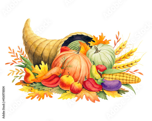 Cornucopia with vegetables and fruits. Autumn harvest. Pumpkins, carrot, watermelon, pepper, apple, pear, eggplant, corn, rye. Fall leaves. Maple leaves. Watercolor illustration isolated on white.  photo