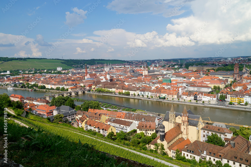 a beautiful cityscape of Wurzburg with Old Main Bridge on a sunny spring day	
