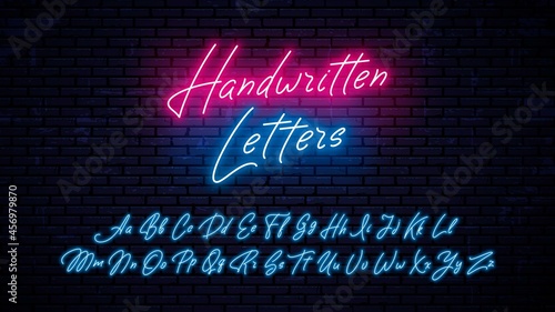 Bright neon letters of red and blue color isolated on brick wall background. Vector neon font.