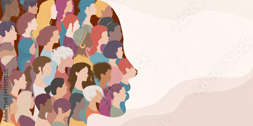 Woman face silhouette in profile with group of multicultural and multiethnic women faces inside.Concept of racial equality anti-racism and a woman who gives voice to other women. Allyship photo