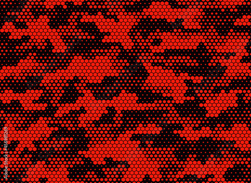 Red camouflage digital vector texture, trendy seamless hexagonal camouflage pattern.