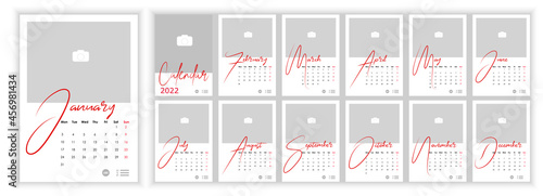 Wall Monthly Photo Calendar 2022. Simple monthly vertical photo calendar Layout for 2022 year in English. Cover Calendar, 12 months templates. Week starts from Monday. Vector illustration
