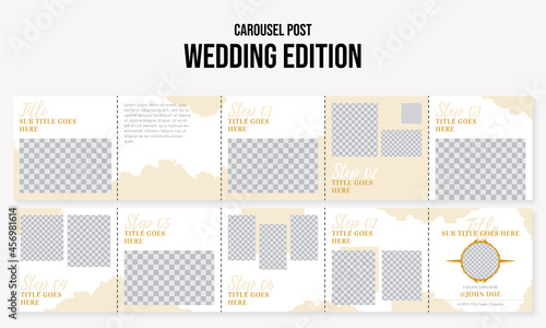 Set of editable social media instagram carousel post wedding, romantic, marry with gold rustic design vector template ai & eps 10