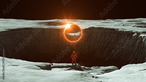 Canvas Print Orange Spaceman Spacewoman With Large Alien Silver Sphere Glowing Orange Crater