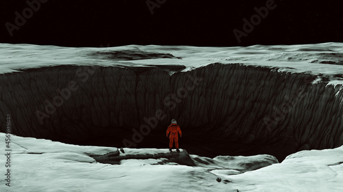 Orange Spaceman Spacewoman Standing on the Edge of a Large Crater on the Moon Sci Fi Astronaut Cosmonaut Moonscape 3d illustration render photo