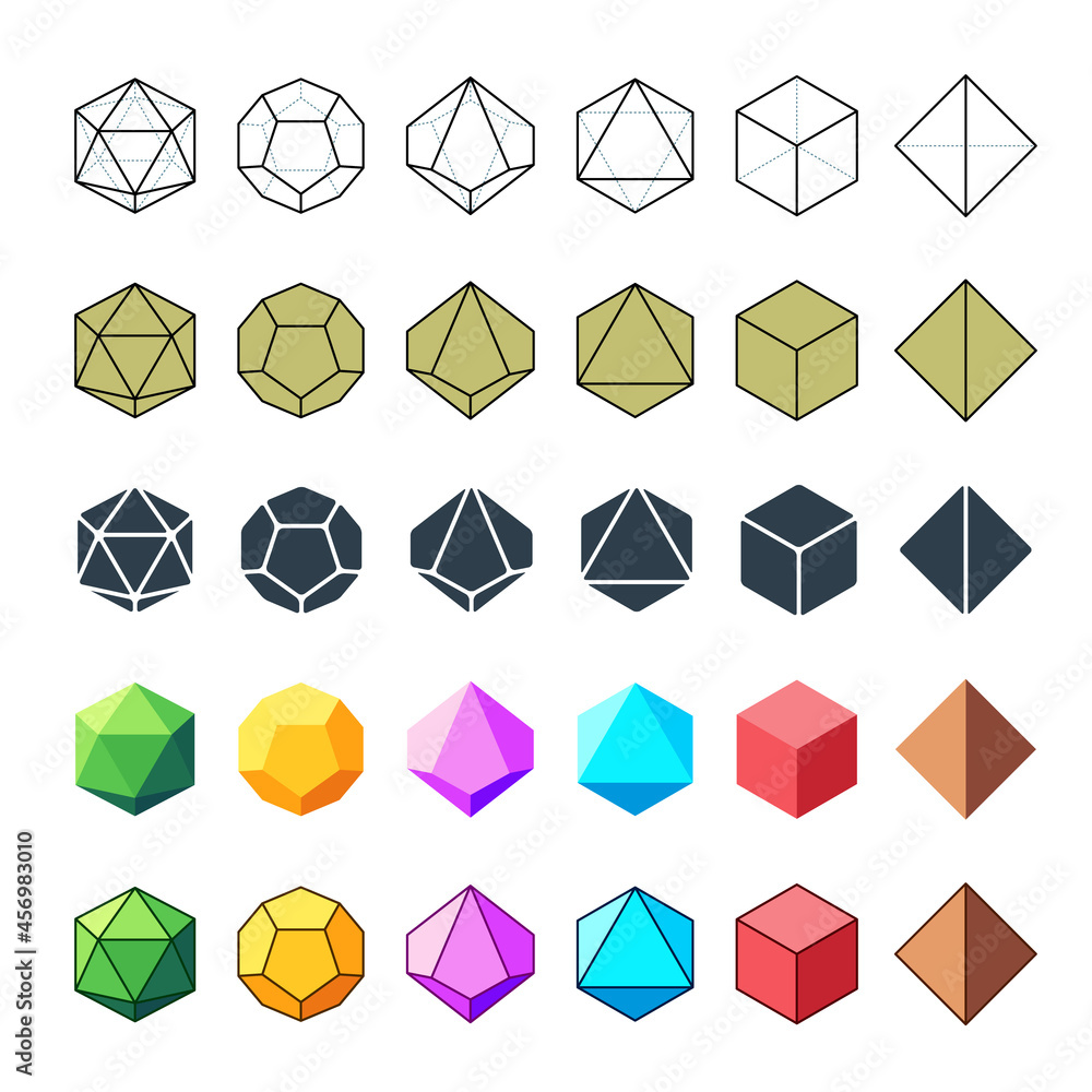 Isometric D4, D6, D8, D10, D12, and D20 Dice Icons for Board Games