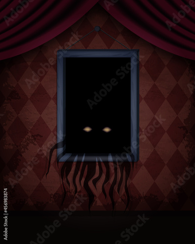 Aged old room with red grunge wallpaper and creepy creature out of hanging picture frame