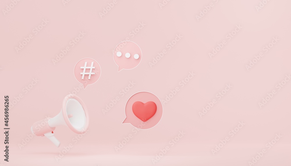 3d render of megaphone with speech bubble and copy space for mock up and web banner.
