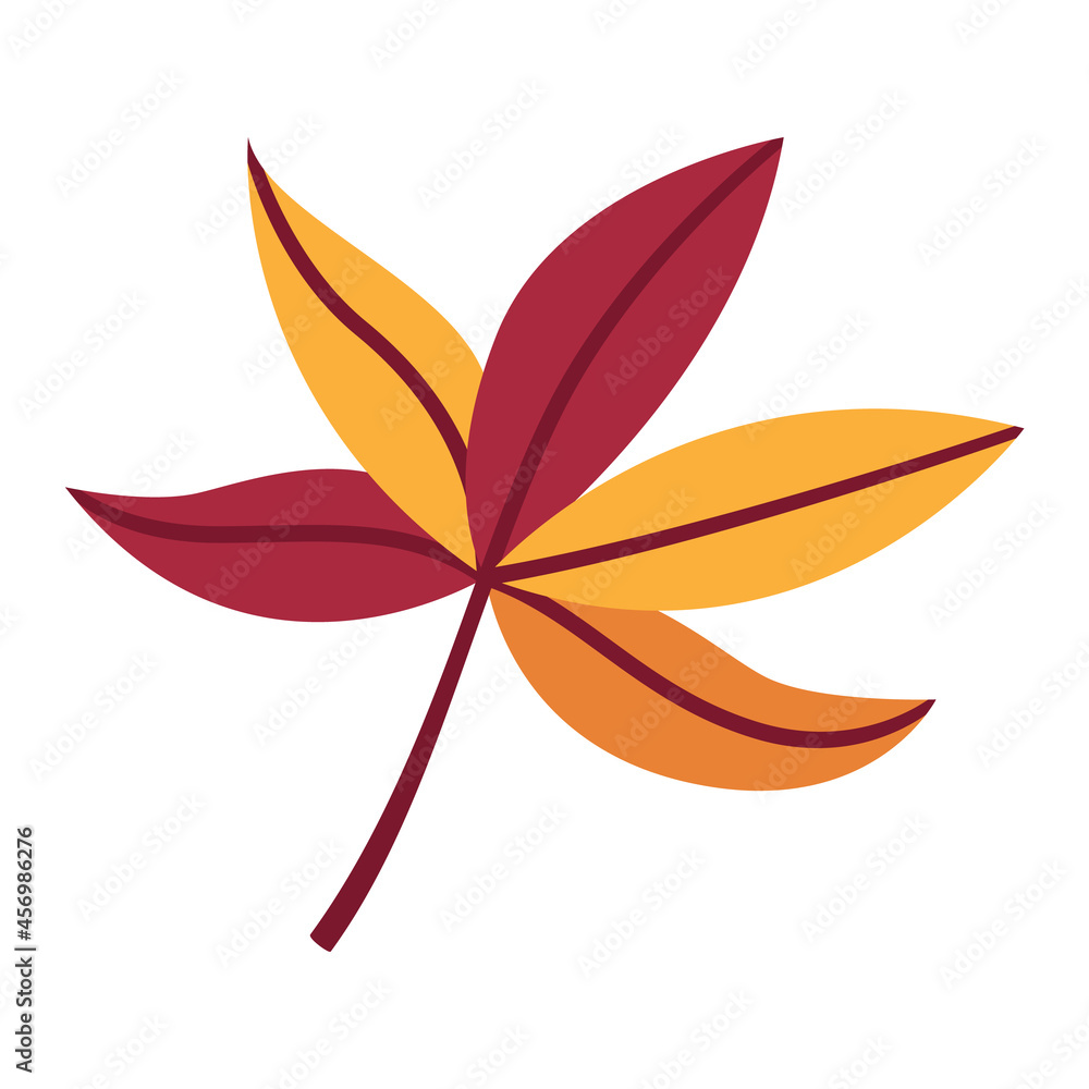 Beautiful colorful autumn fallen leaf. Cute flat icon of red, yellow and orange leaves. Autumn item, object. Decorative element, clipart for design of greeting cards, advertising banners and flyers.