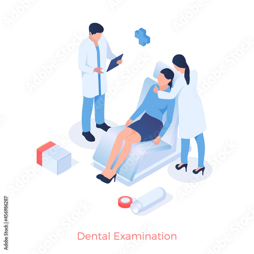 Dental examination and prophylaxis. Doctor examines patients mouth. Treatment and therapy of teeth and gums. Procedure for healthcare caries and periodontal disease. Illustration vector isometry