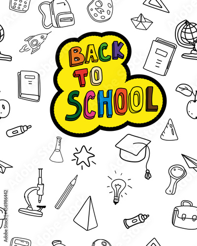 Back to school cover background, hand draw doodle icons supples, equipment, elements seamless pattern. Cover notebook, broshure, poster, flyer, book template vector illustration