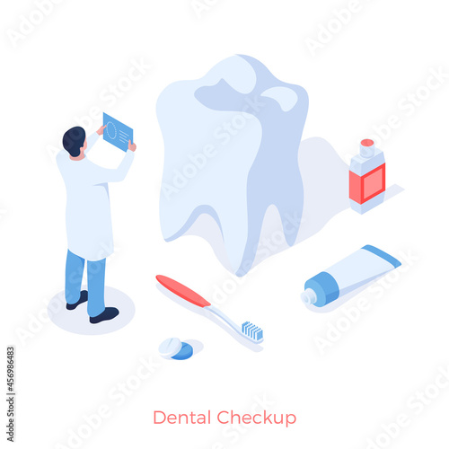 Dental checkup treatment. Dentist examines teeth. Medical therapy of mouth and gums. Procedure for healthcare caries and periodontal disease. Illustration vector isometry template