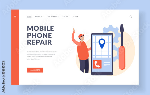 Mobile phone repair service. Recovery and handling of electronic gadgets. Mobile application with map of nearest technical support centers. Repair with guarantee. Vector home page flat banner