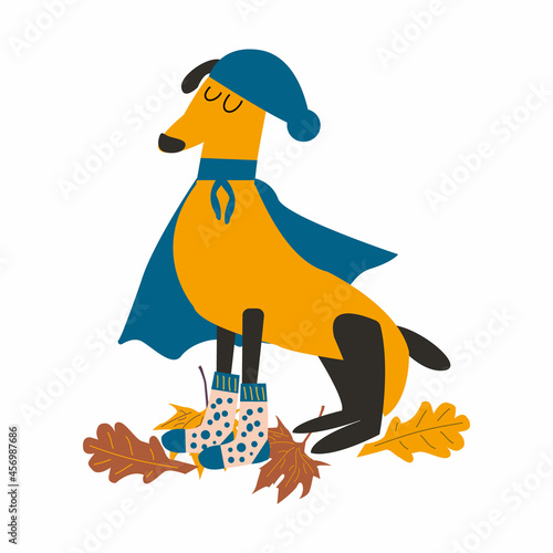 Autumn card. Funny dog dressed warmly in cold autumn weather in a hat, raincoat and in socks and leaves under the paws of the dog. Vector illustration