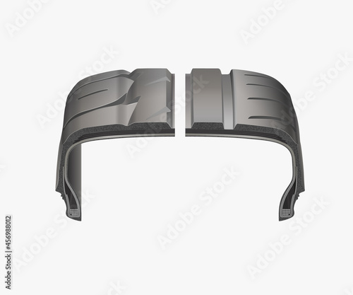 A cross-section of a car tire, isolated on white background.  Construction and components of a wheel  tyre.  Clipping path. Highly detailed tires.