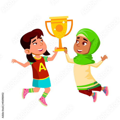 Girls Children Holding Golden Reward Cup Vector. Asian And Muslim Ladies Kids With Gold Reward Cup Celebrating Winning In Competition Game. Characters Sport Activity Flat Cartoon Illustration
