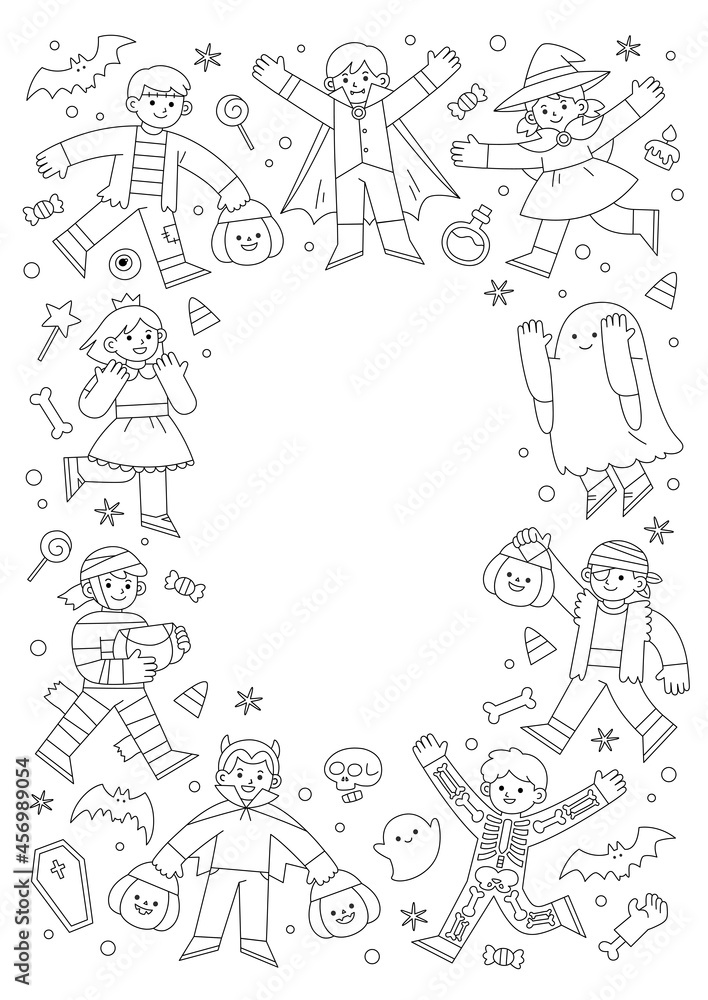 Outline of Children in Halloween fancy dress for Trick or Treating. Template for advertising brochure. Happy Halloween Concept.