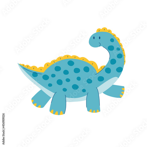 A small diplodocus dinosaur. Cute cartoon dino. A blue kids reptile with a long neck. A prehistoric animal. Stock vector children flat illustration on a white background.