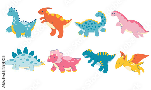 Cute dinosaur cartoon set. Dino triceratops  diplodocus  parasaurolophus  tyrannosaurus. A reptile with a horn. Flat animal dragon. Vector stock illustration on a white background.