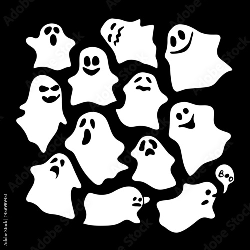 Set of different ghosts on a black background. Good and evil ghosts with different faces. For the design of banners, cards for Halloween. All objects are separated. Vector illustration.