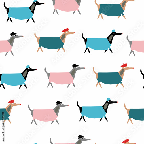 Funny dachshund dogs dressed in french style seamless pattern.  Vector illustration	