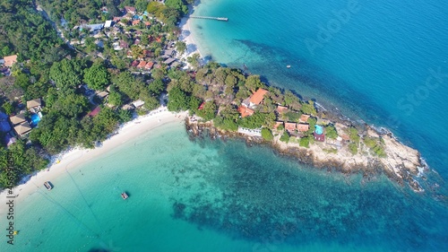 aerial top view of Wong Duean Beach at Ko Samet Island with beautiful tropical crystal clear turquoise sea water, Rayong, Thailand