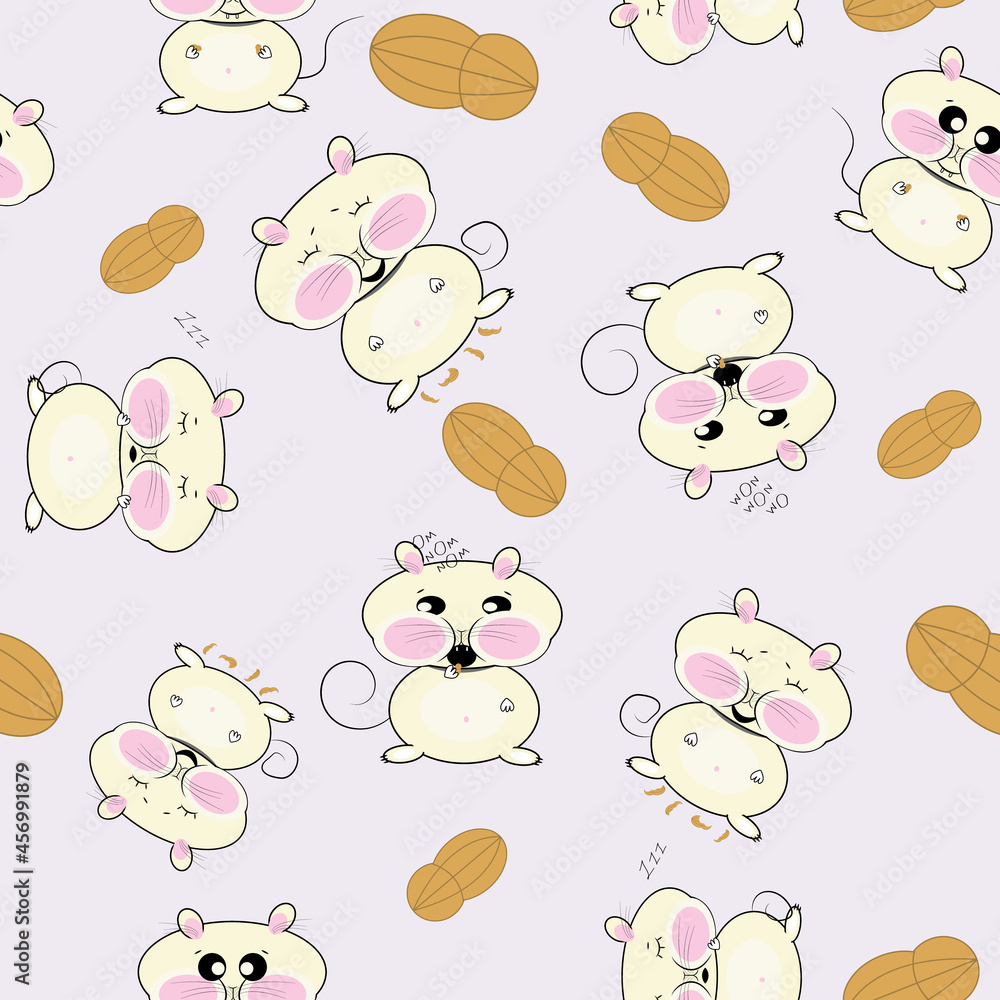 Kawaii hungry sleepy mouse peanuts vector pattern 